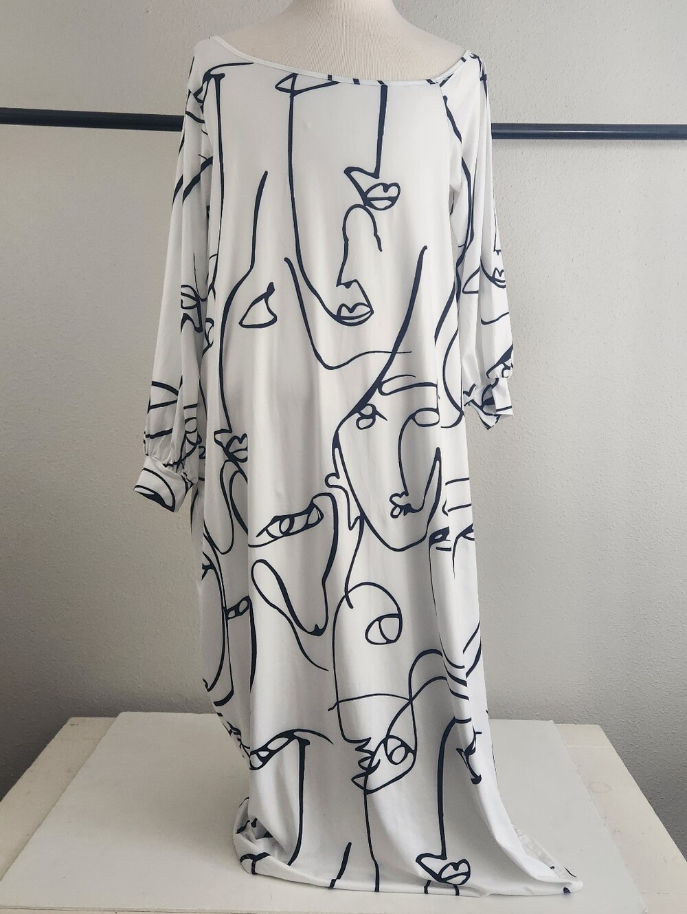 Chicme White Maxi Dress with Black Abstract Face Line-Print